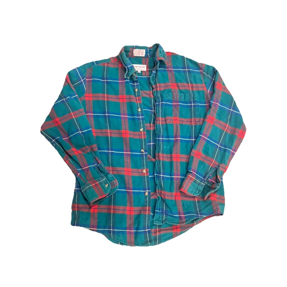 Vintage 90's Campus Button Up Flannel Adult Medium Red Blue Green 80s Mens